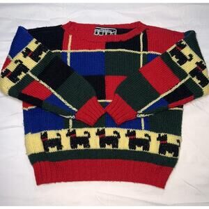 Berek Sweater Kids Size 14 Scottish Terrier Multicolored Hand Knit Wool Vintage